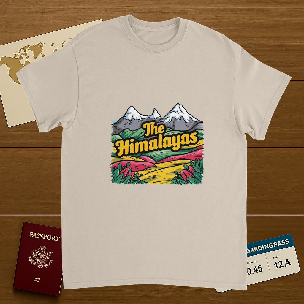 Himalayas Unisex Travel T-Shirt on wooden background with world map, passport, and boarding pass