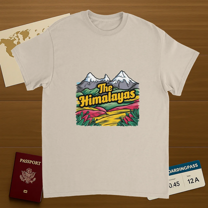 Himalayas Unisex Travel T-Shirt on wooden background with world map, passport, and boarding pass
