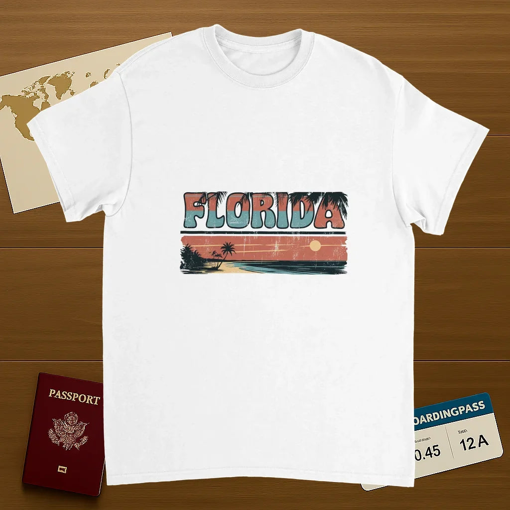 white Florida USA Unisex Travel T-Shirt on wooden background with world map, passport, and boarding pass