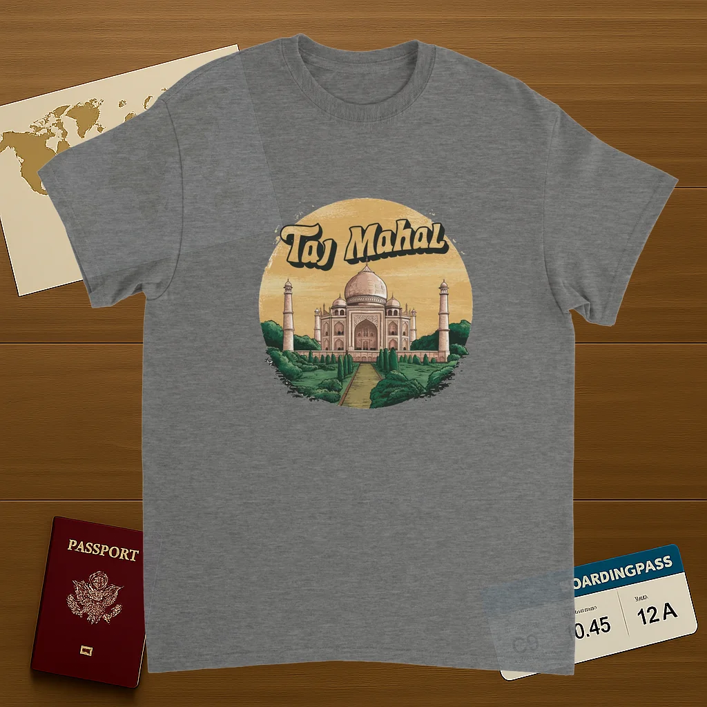 sport grey Taj Mahal Agra India Unisex Travel T-Shirt on wooden background with world map, passport, and boarding pass