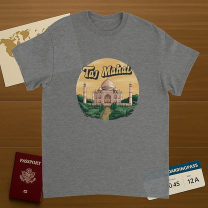 sport grey Taj Mahal Agra India Unisex Travel T-Shirt on wooden background with world map, passport, and boarding pass