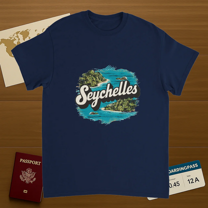 navy Seychelles Unisex Travel T-Shirt on wooden background with world map, passport, and boarding pass