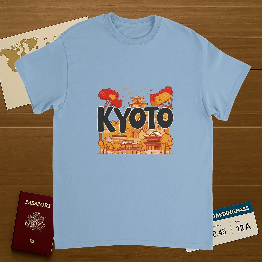 light blue Kyoto Japan Unisex Travel T-Shirt on wooden background with world map, passport, and boarding pass