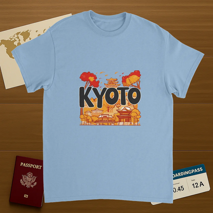 light blue Kyoto Japan Unisex Travel T-Shirt on wooden background with world map, passport, and boarding pass