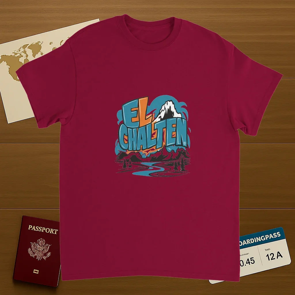 cardinal red El Chaltén Argentina Unisex Travel T-Shirt on wooden background with world map, passport, and boarding pass