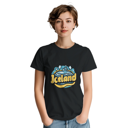 Iceland Unisex Travel T-Shirt on wooden background with world map, passport, and boarding pass