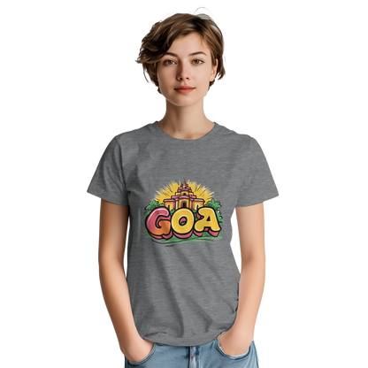 Goa India Unisex Travel T-Shirt on wooden background with world map, passport, and boarding pass