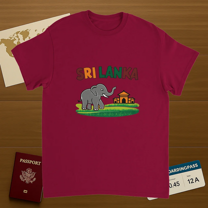 cardinal red Sri Lanka Unisex Travel T-Shirt on wooden background with world map, passport, and boarding pass