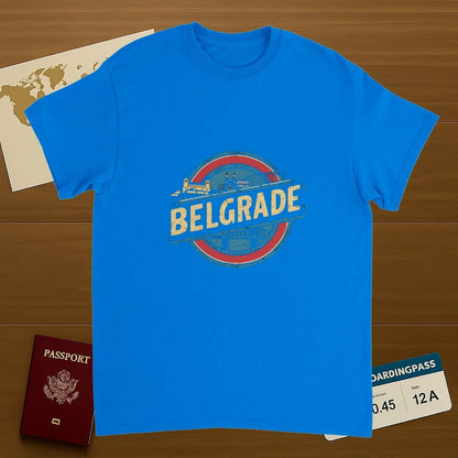royal blue Belgrade Serbia Unisex Travel T-Shirt on wooden background with world map, passport, and boarding pass