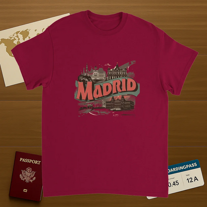 cardinal red Madrid Spain Unisex Travel T-Shirt on wooden background with world map, passport, and boarding pass