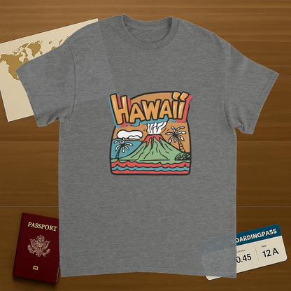 sport grey Hawaii Unisex Travel T-Shirt on wooden background with world map, passport, and boarding pass