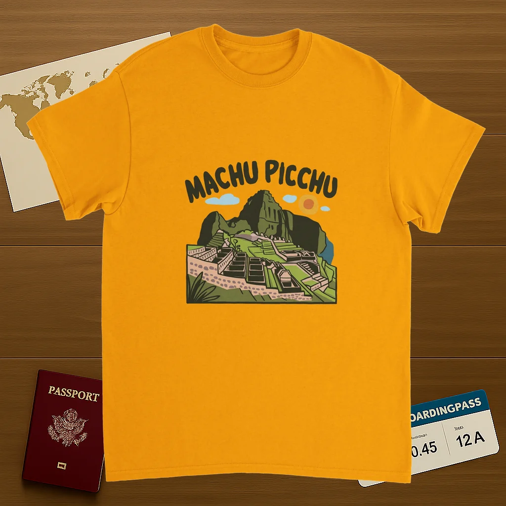 gold Machu Picchu Unisex Travel T-Shirt on wooden background with world map, passport, and boarding pass