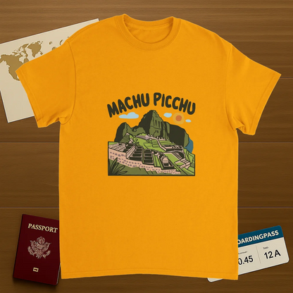 gold Machu Picchu Unisex Travel T-Shirt on wooden background with world map, passport, and boarding pass