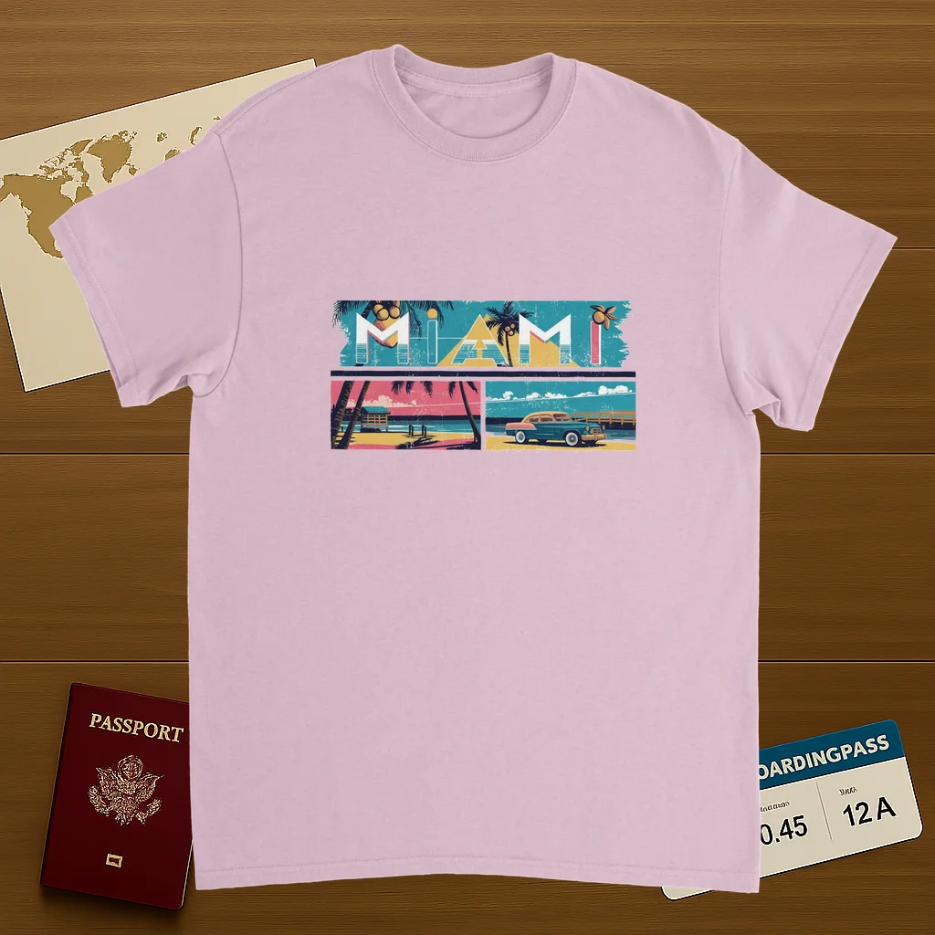 light pink Miami USA Unisex Travel T-Shirt featuring a person