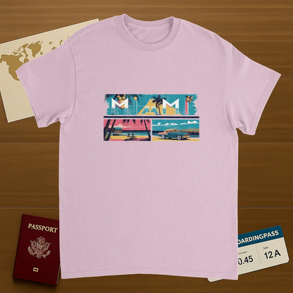 light pink Miami USA Unisex Travel T-Shirt featuring a person
