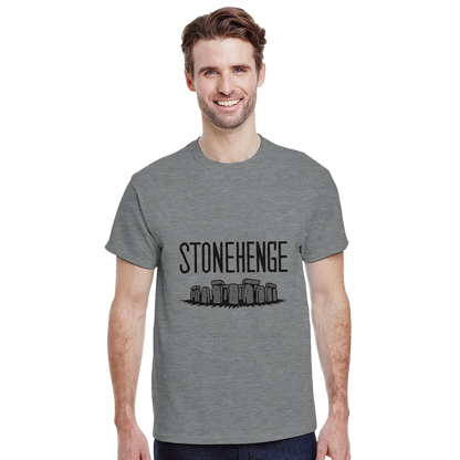 Stonehenge England Unisex Travel T-Shirt on wooden background with world map, passport, and boarding pass
