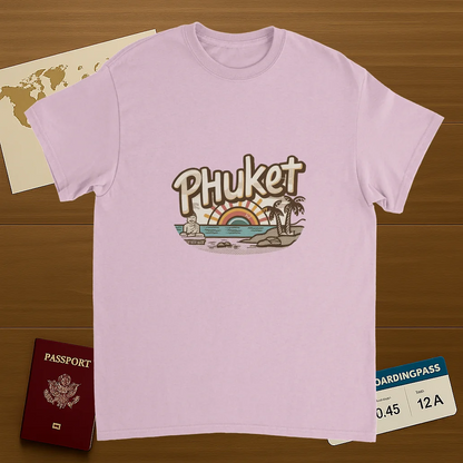 light pink Phuket Thailand Unisex Travel T-Shirt on wooden background with world map, passport, and boarding pass
