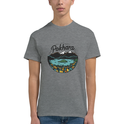 Pokhara Nepal Unisex Travel T-Shirt featuring a man