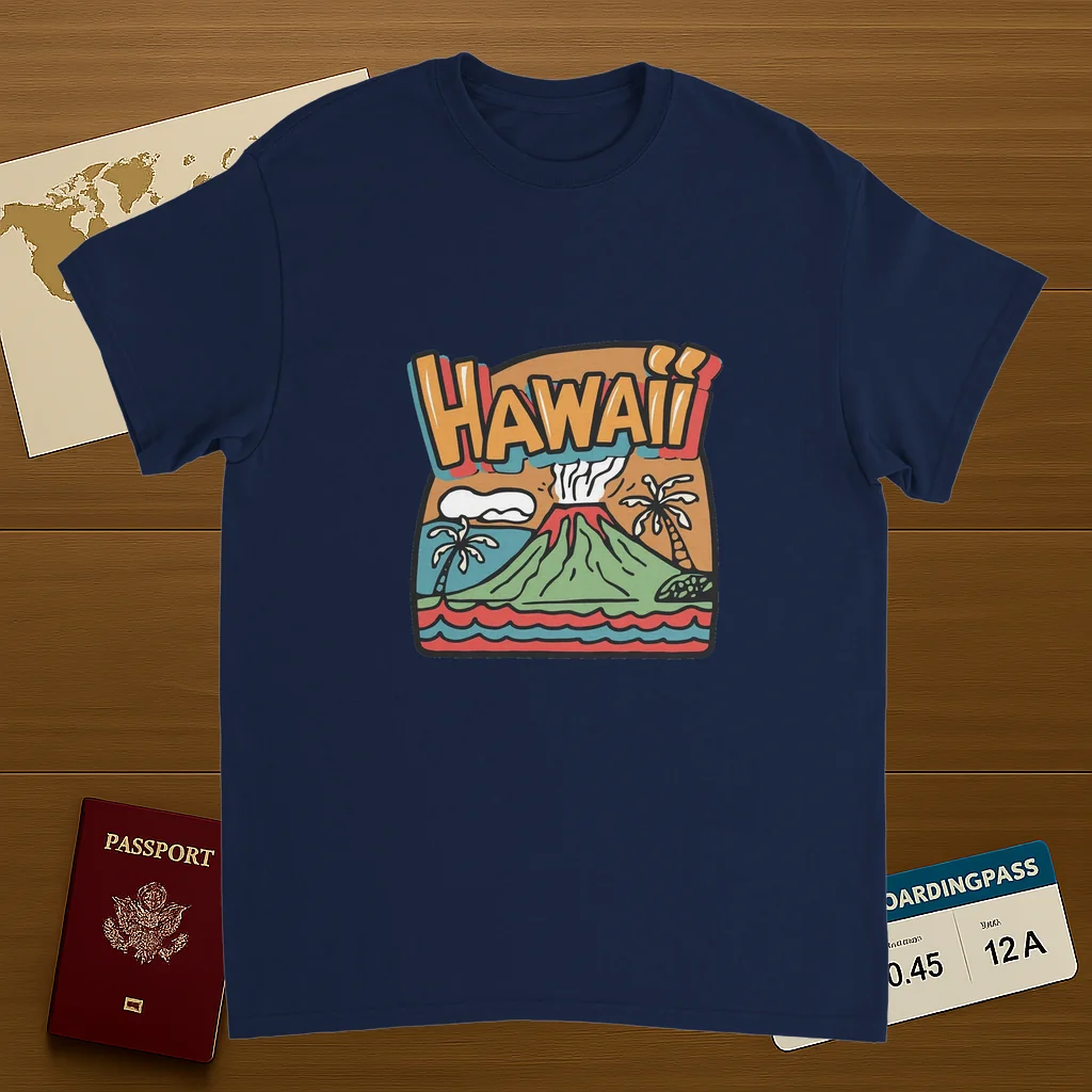 navy Hawaii Unisex Travel T-Shirt on wooden background with world map, passport, and boarding pass