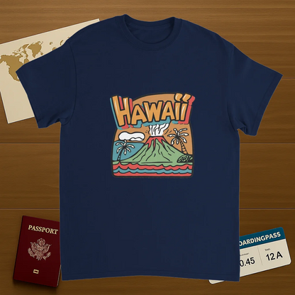 navy Hawaii Unisex Travel T-Shirt on wooden background with world map, passport, and boarding pass