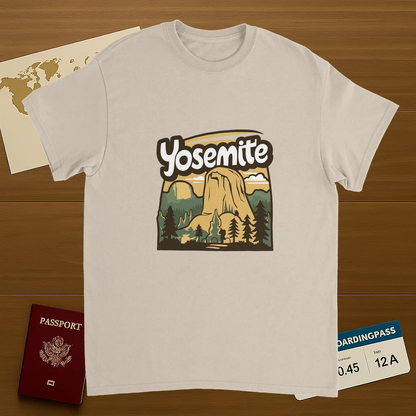 Yosemite USA Unisex Travel T-Shirt on wooden background with world map, passport, and boarding pass
