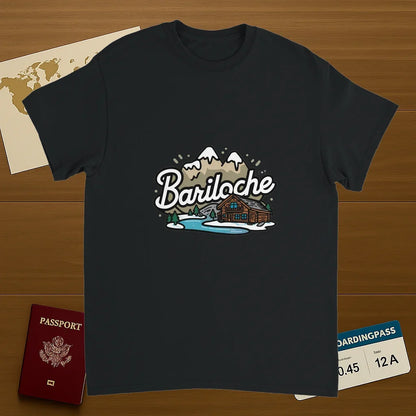 black Bariloche Argentina Unisex Travel T-Shirt on wooden background with world map, passport, and boarding pass