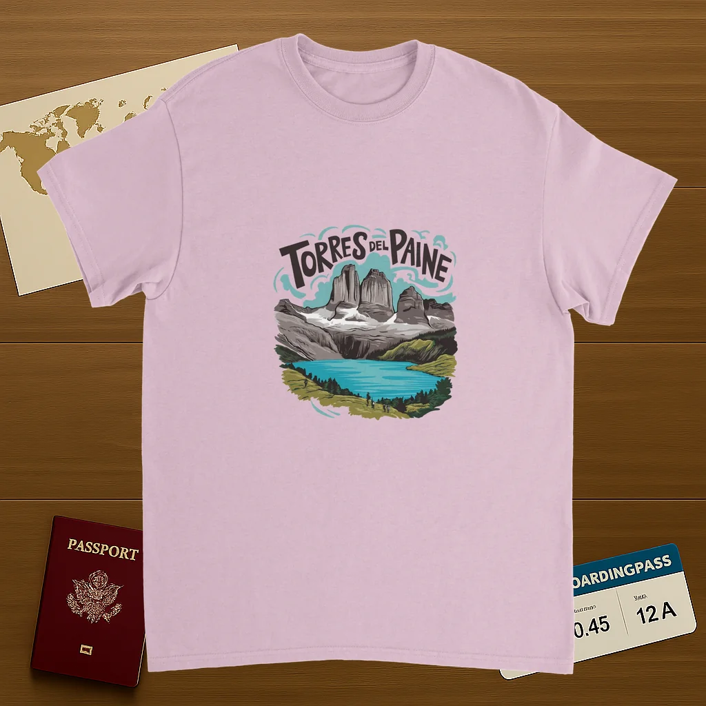 light pink Torres del Paine Chile Unisex Travel T-Shirt on wooden background with world map, passport, and boarding pass