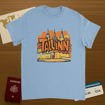 light blue Tallinn Estonia Unisex Travel T-Shirt on wooden background with world map, passport, and boarding pass