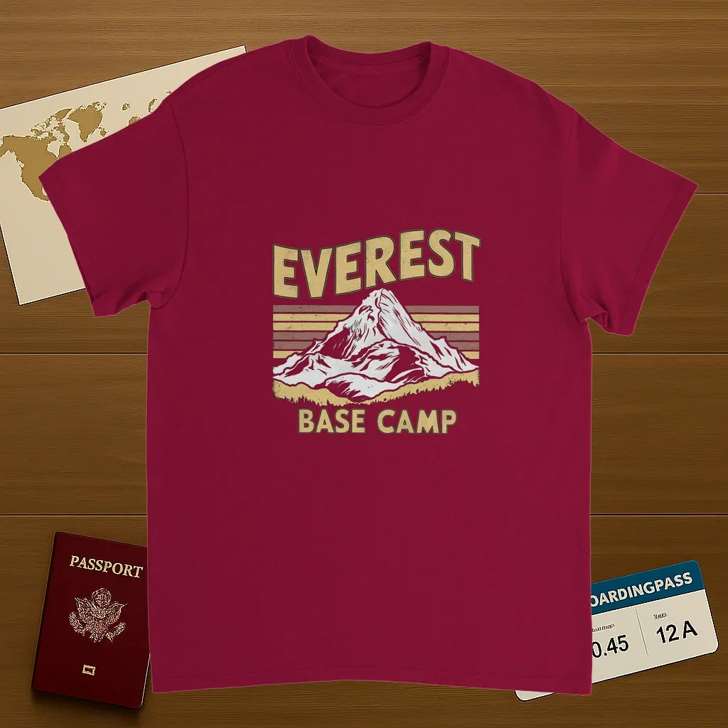 cardinal red Everest Base Camp Nepal Unisex Travel T-Shirt on wooden background with world map, passport, and boarding pass