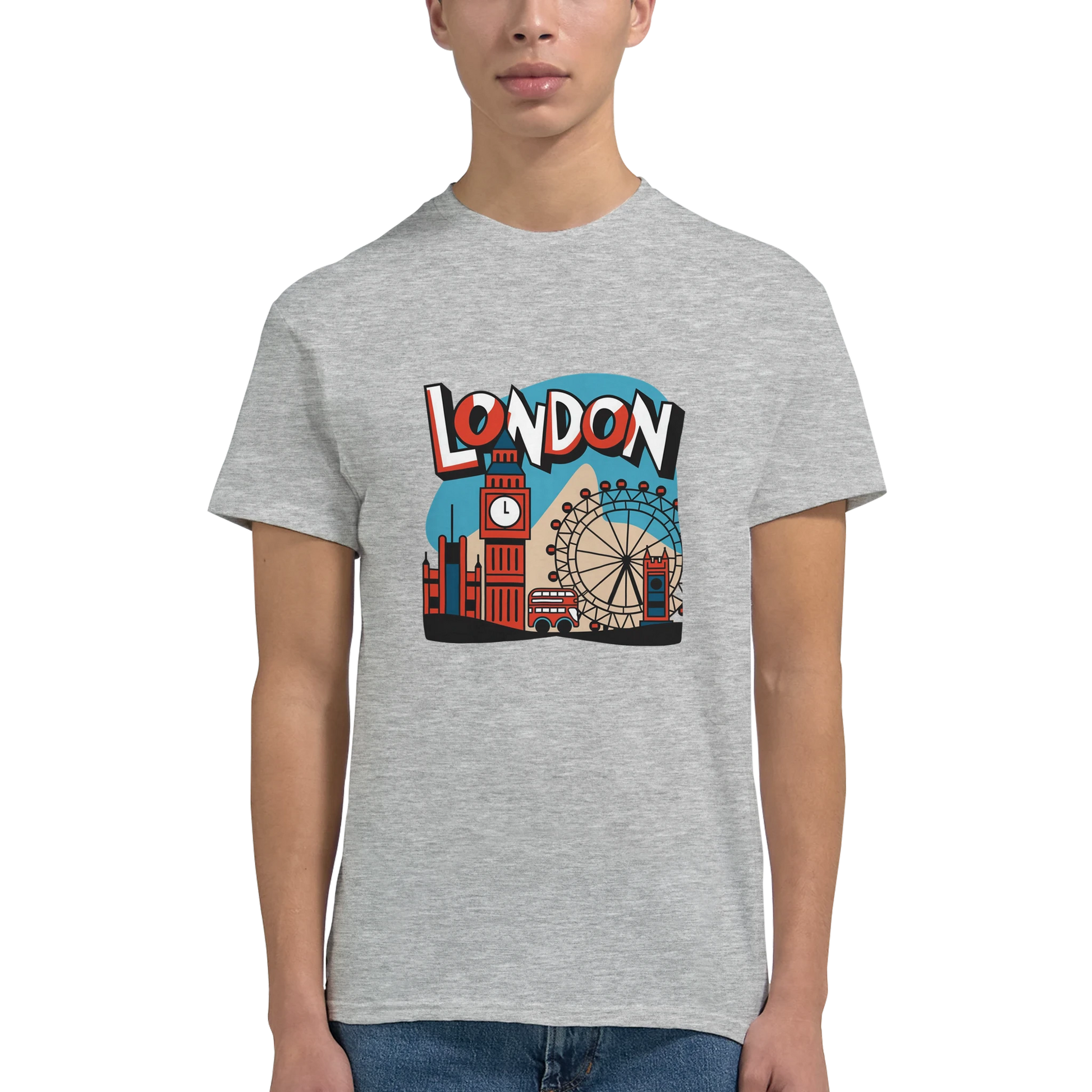 London England Unisex Travel T-Shirt on wooden background with world map, passport, and boarding pass