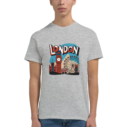 London England Unisex Travel T-Shirt on wooden background with world map, passport, and boarding pass