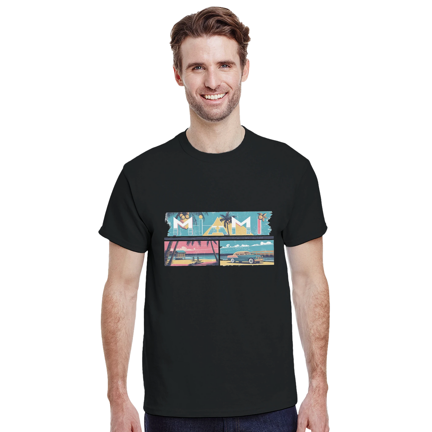 Miami USA Unisex Travel T-Shirt featuring a man