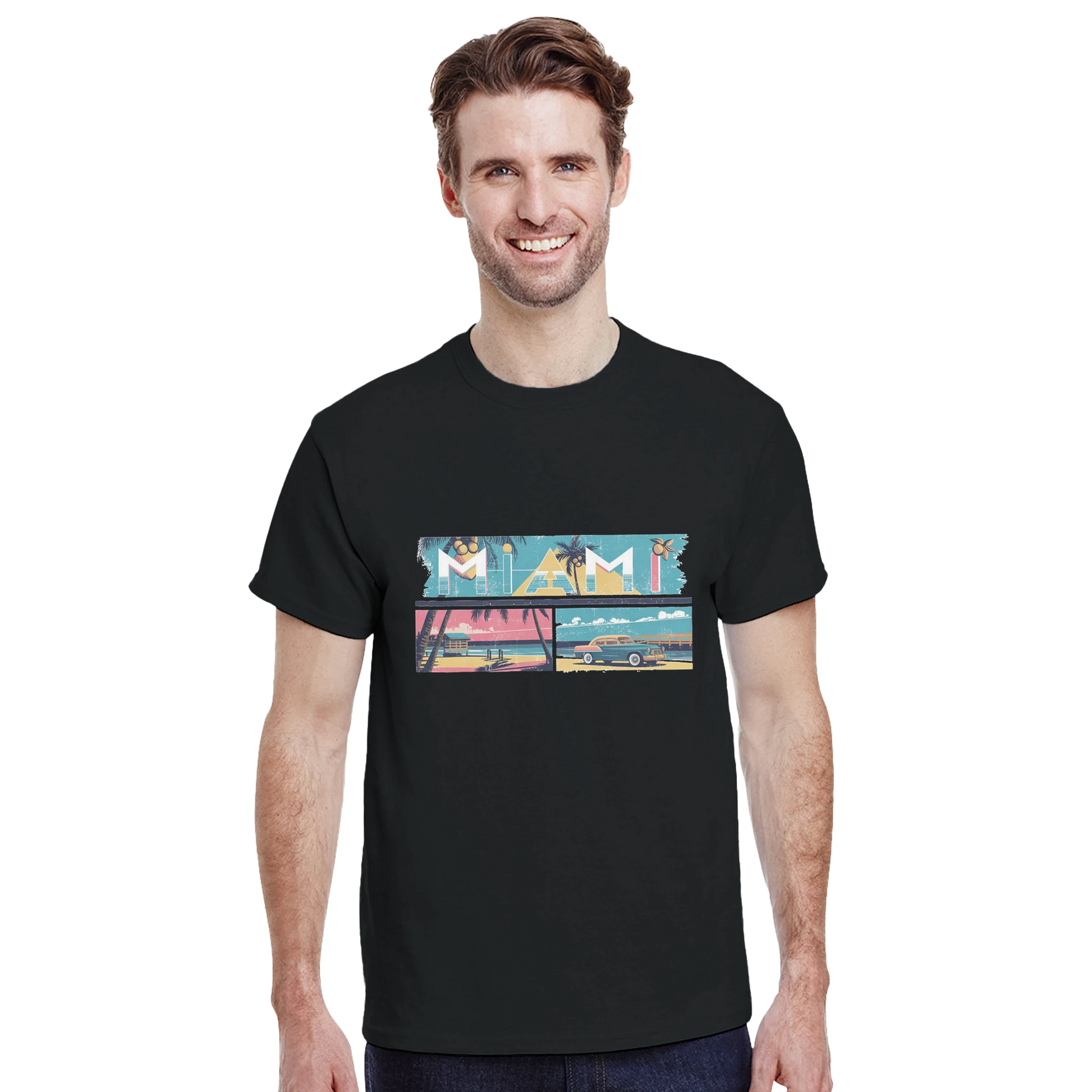 Miami USA Unisex Travel T-Shirt featuring a man
