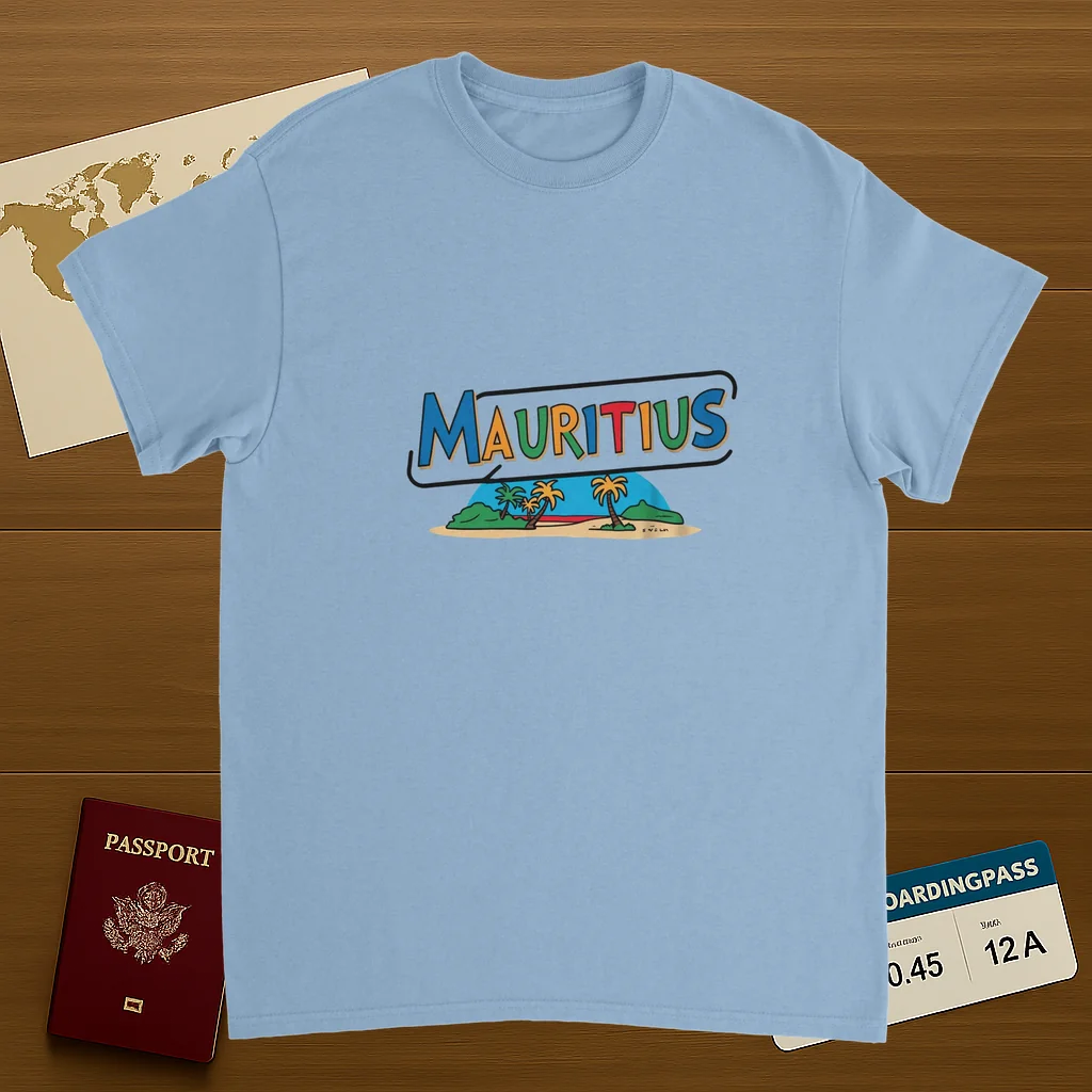 light blue Mauritius Unisex Travel T-Shirt on wooden background with world map, passport, and boarding pass