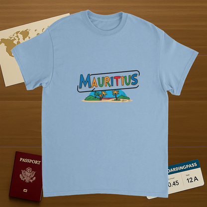 light blue Mauritius Unisex Travel T-Shirt on wooden background with world map, passport, and boarding pass