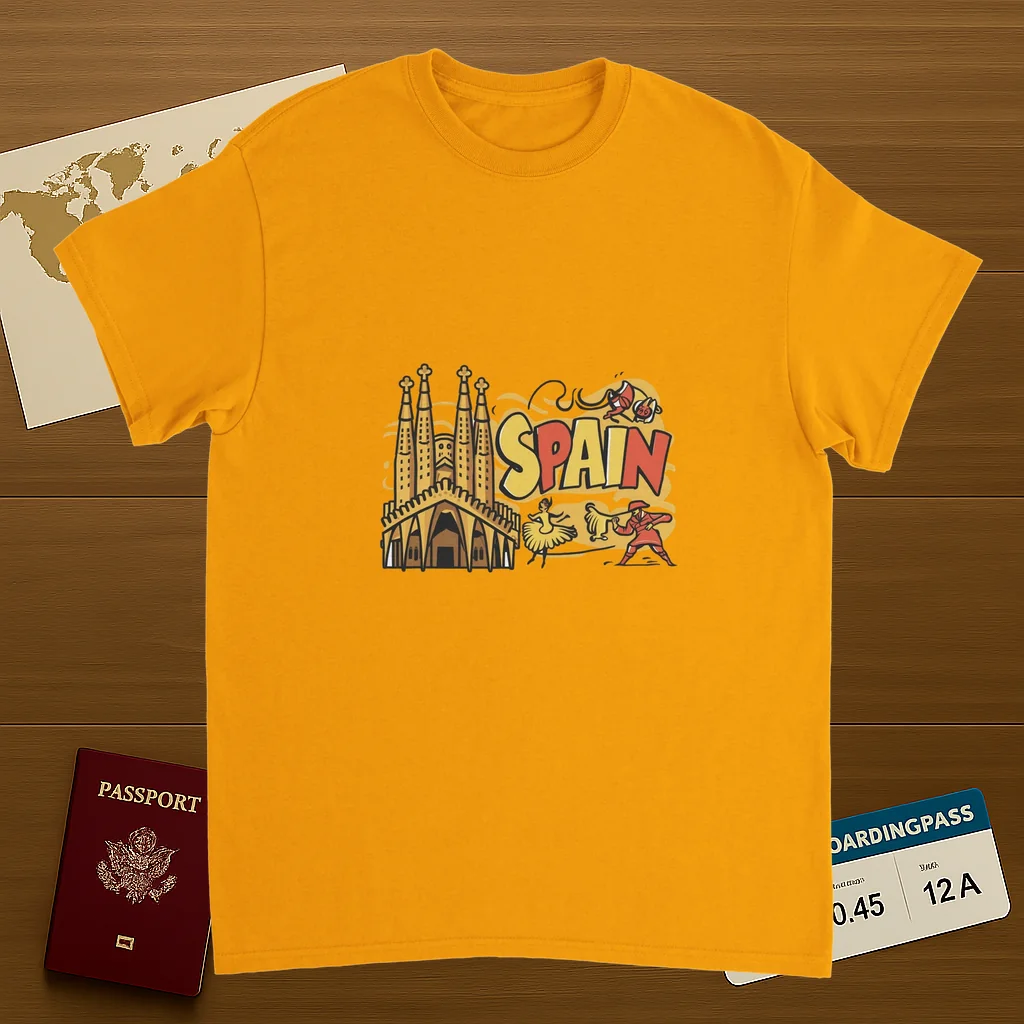 gold Spain Unisex Travel T-Shirt on wooden background with world map, passport, and boarding pass