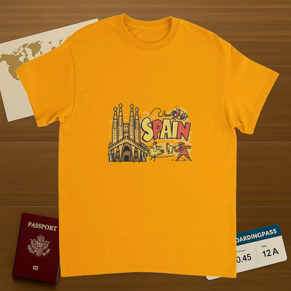 gold Spain Unisex Travel T-Shirt on wooden background with world map, passport, and boarding pass