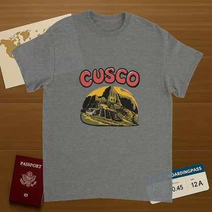 sport grey Cusco Peru Unisex Travel T-Shirt on wooden background with world map, passport, and boarding pass