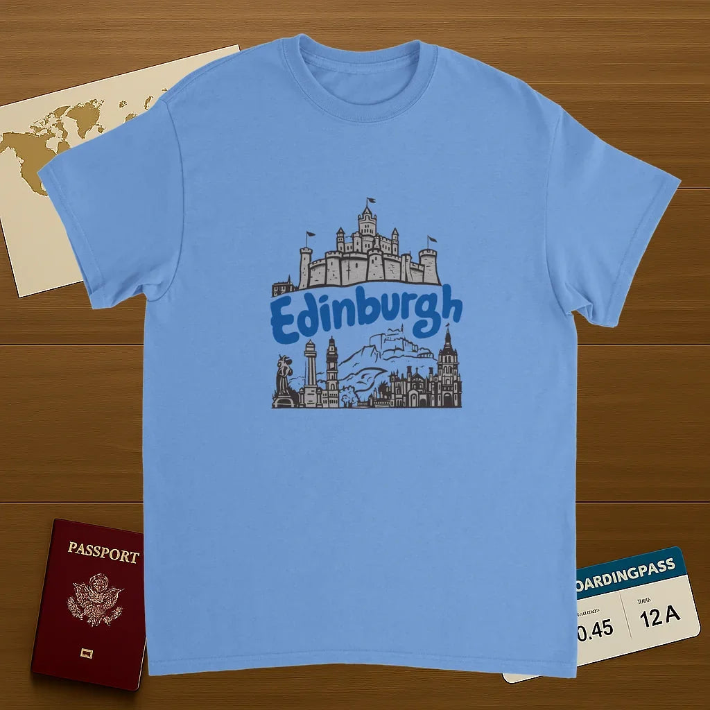 carolina blue Edinburgh Scotland Unisex Travel T-Shirt on wooden background with world map, passport, and boarding pass