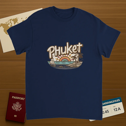 navy Phuket Thailand Unisex Travel T-Shirt on wooden background with world map, passport, and boarding pass
