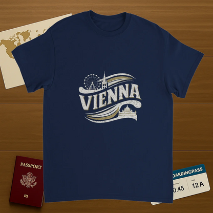 navy Vienna Austria Unisex Travel T-Shirt on wooden background with world map, passport, and boarding pass