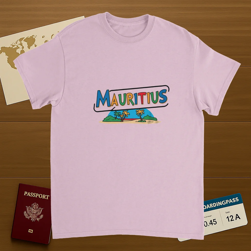 light pink Mauritius Unisex Travel T-Shirt on wooden background with world map, passport, and boarding pass