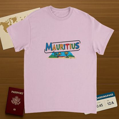 light pink Mauritius Unisex Travel T-Shirt on wooden background with world map, passport, and boarding pass