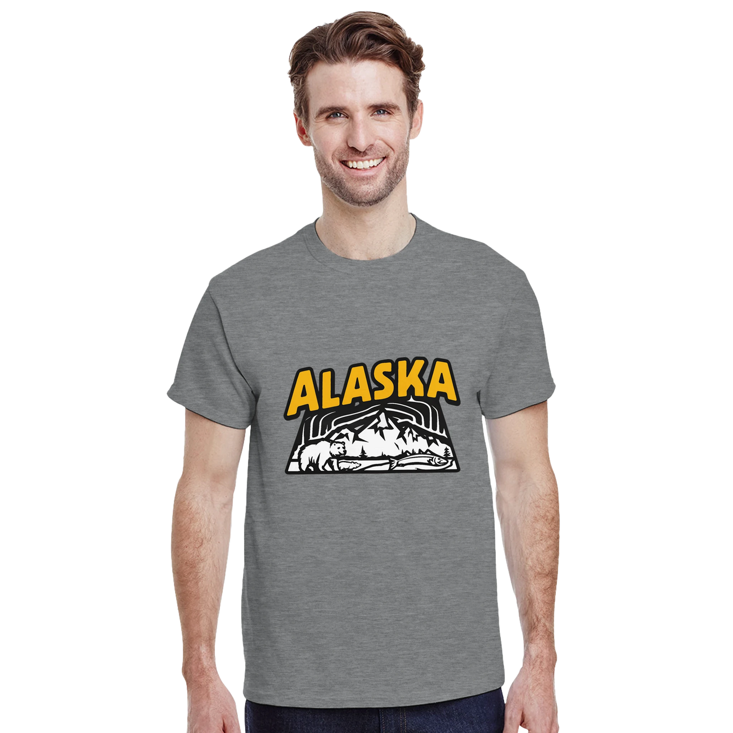 Alaska USA Unisex Travel T-Shirt on wooden background with world map, passport, and boarding pass