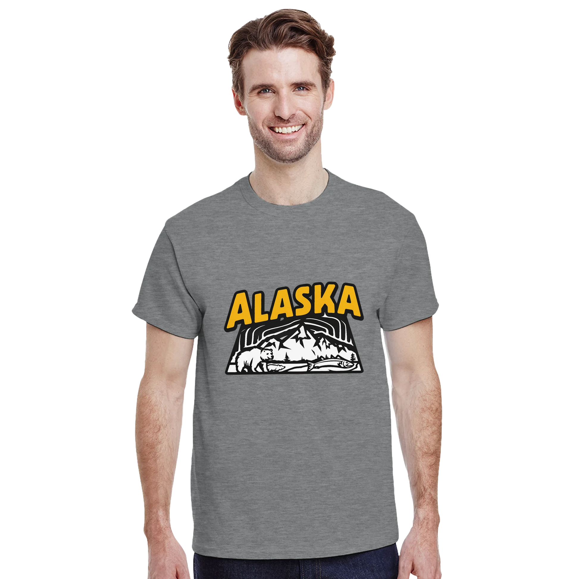 Alaska USA Unisex Travel T-Shirt on wooden background with world map, passport, and boarding pass