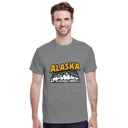 Alaska USA Unisex Travel T-Shirt on wooden background with world map, passport, and boarding pass