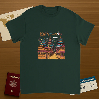 forest green Kathmandu Nepal Unisex Travel T-Shirt on wooden background with world map, passport, and boarding pass