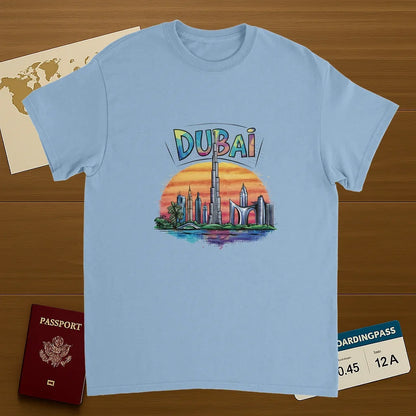 light blue Dubai Unisex Travel T-Shirt on wooden background with world map, passport, and boarding pass