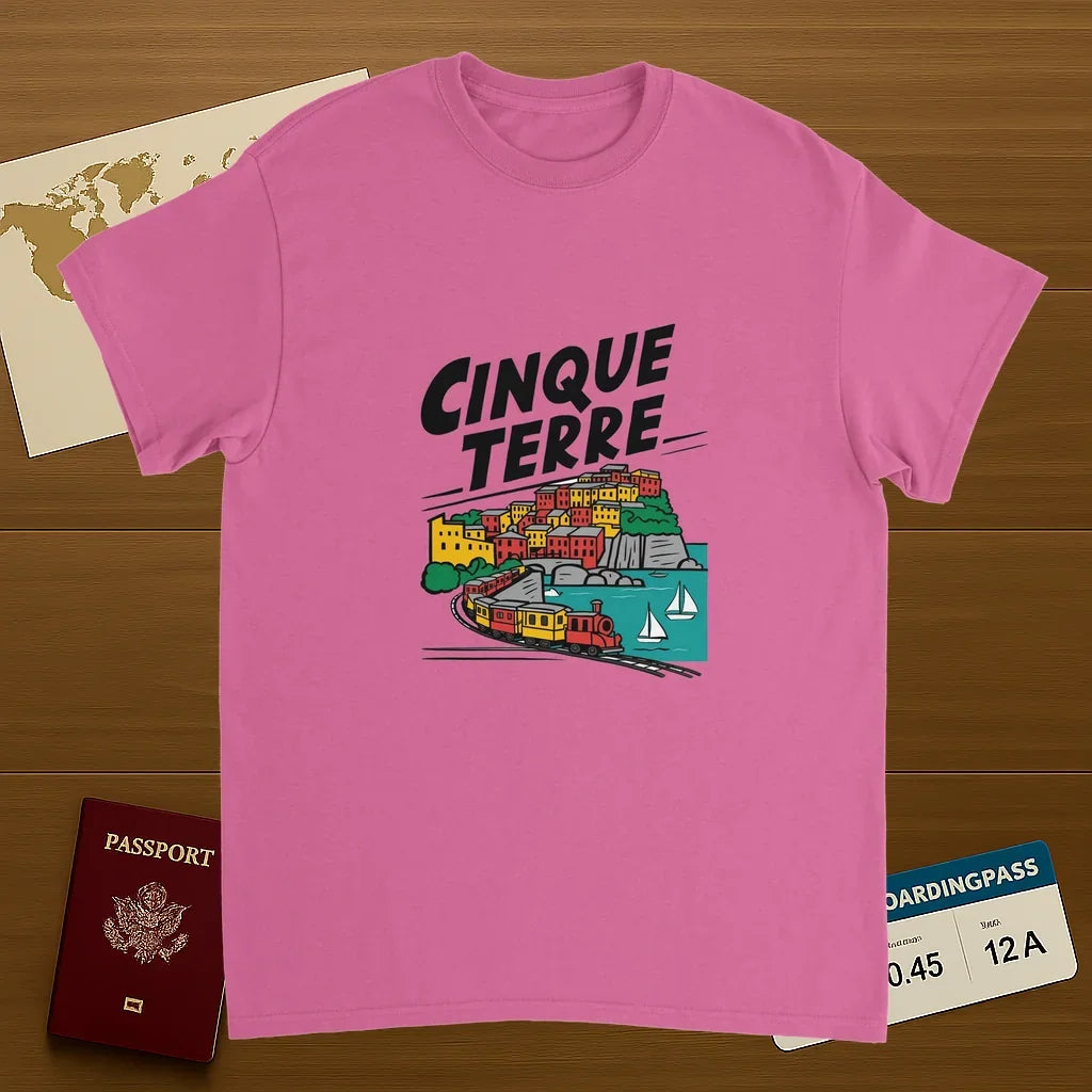 Cinque Terre Italy Unisex Travel T-Shirt on wooden background with world map, passport, and boarding pass