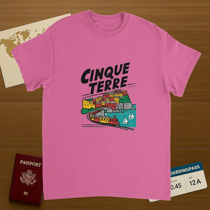 Cinque Terre Italy Unisex Travel T-Shirt on wooden background with world map, passport, and boarding pass